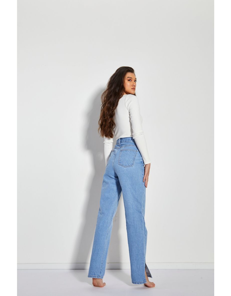 Glamorous Women's Bright Bleach Blue High Waisted Straight Leg Jeans with Side Split - 3
