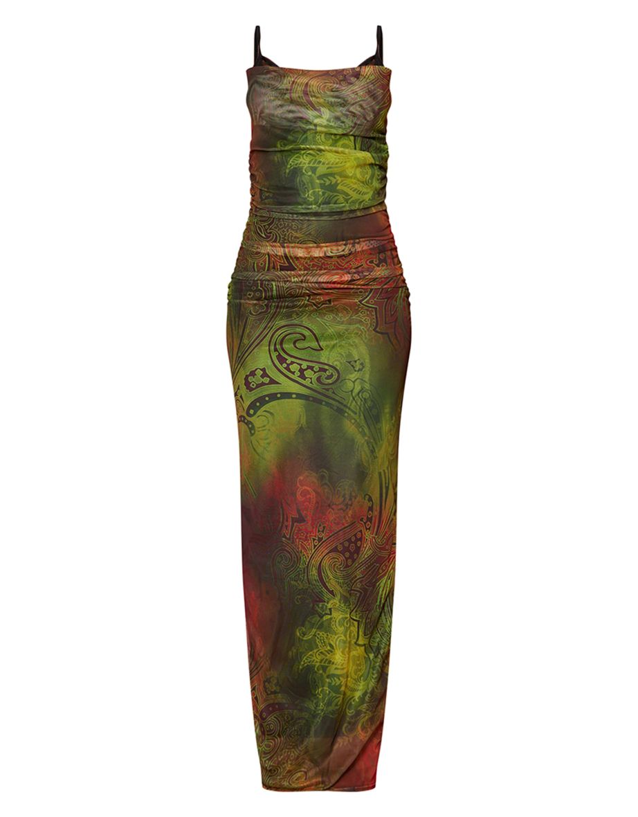 Green Paisley Print Mesh Cowl Neck Lace Cup Detail Maxi Dress - 4
