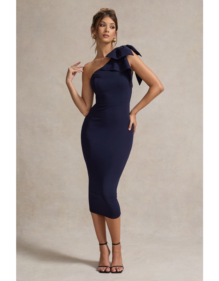 Ambretta | Navy One-Shoulder Midi Dress With Bow - 5