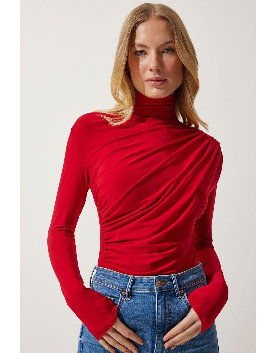 Women's Red Smocking Detail Standing Collar Sandy Blouse