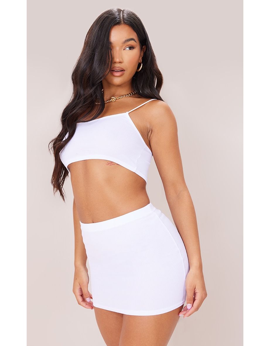 White Basic Rib Strappy Cami Crop Top