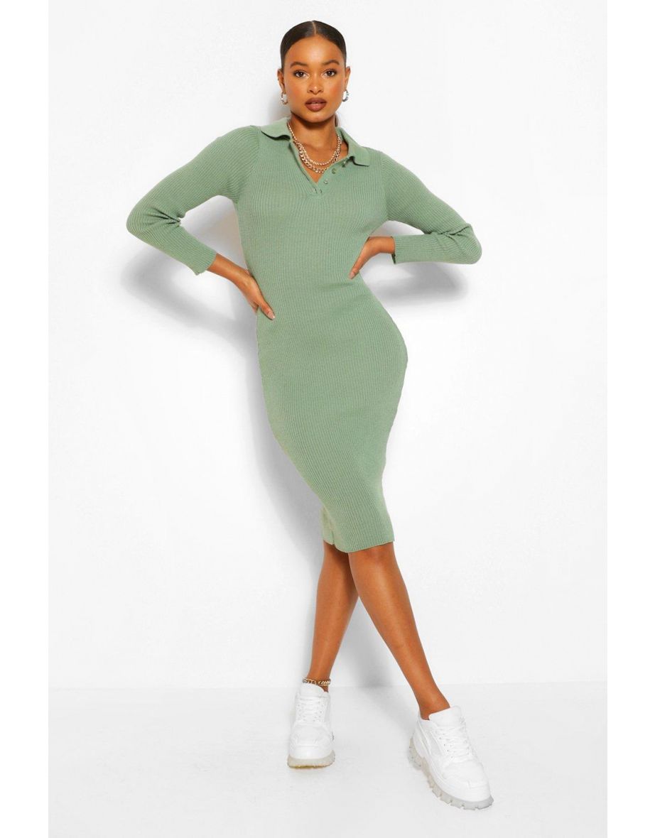 Polo Collar Rib Knit Midi Dress - sage