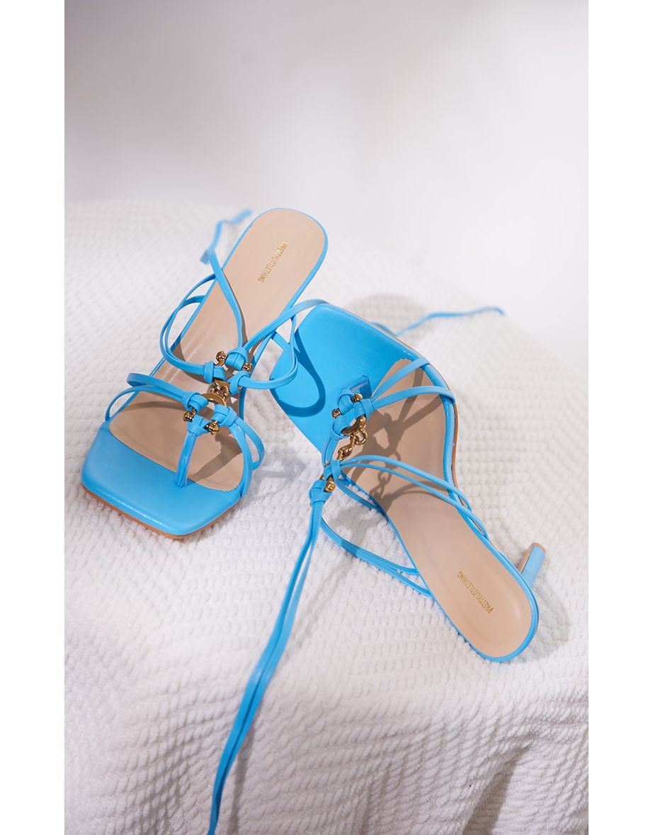 Blue Wide Fit PU Chain Detail Toe Thong Lace Up High Heeled Sandals - 3