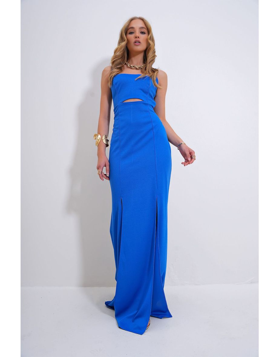 Women's Blue Adjustable Strap Out Cut Slit Graduation Dress
