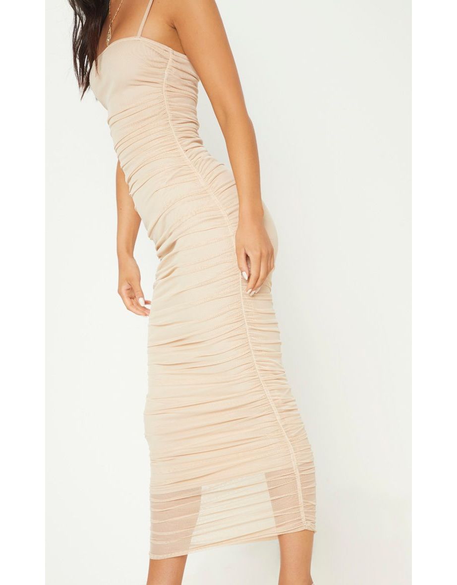 Nude Strappy Mesh Ruched Midaxi Dress - 4