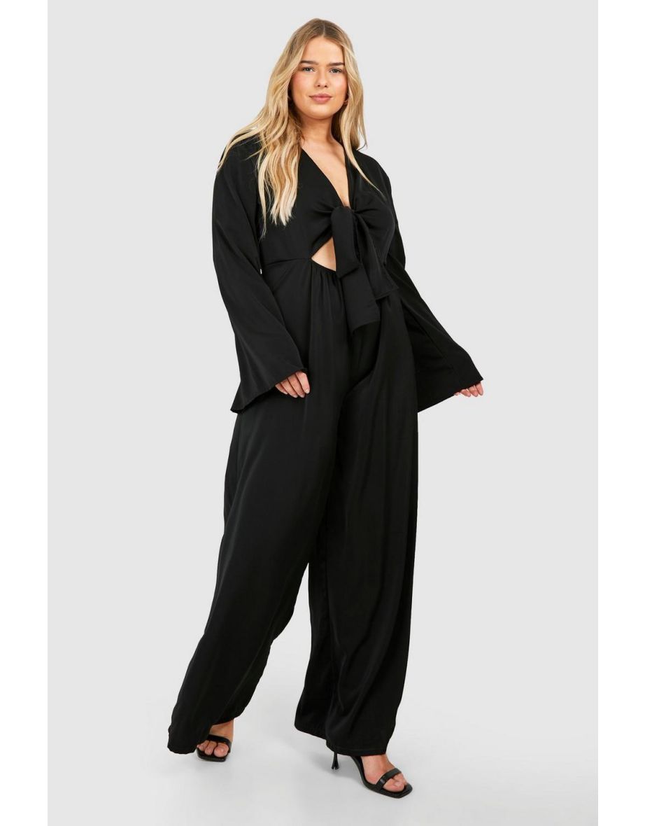 Shop Plus Woven Knot Front Plunge Wide Leg Jumpsuit black Online in Qatar VogaCloset