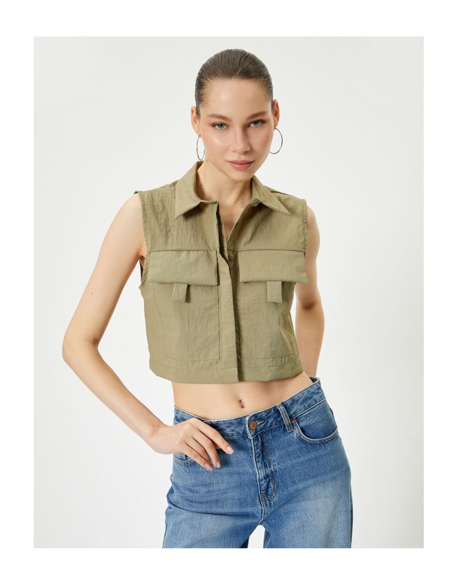 Short Sleeveless Shirt with Parachute Fabric Cover Pocket