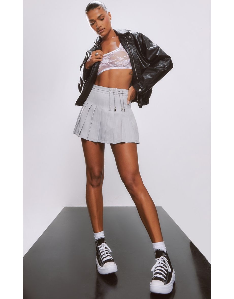 Grey Pinstripe Pleated Metal Trim Mini Skirt