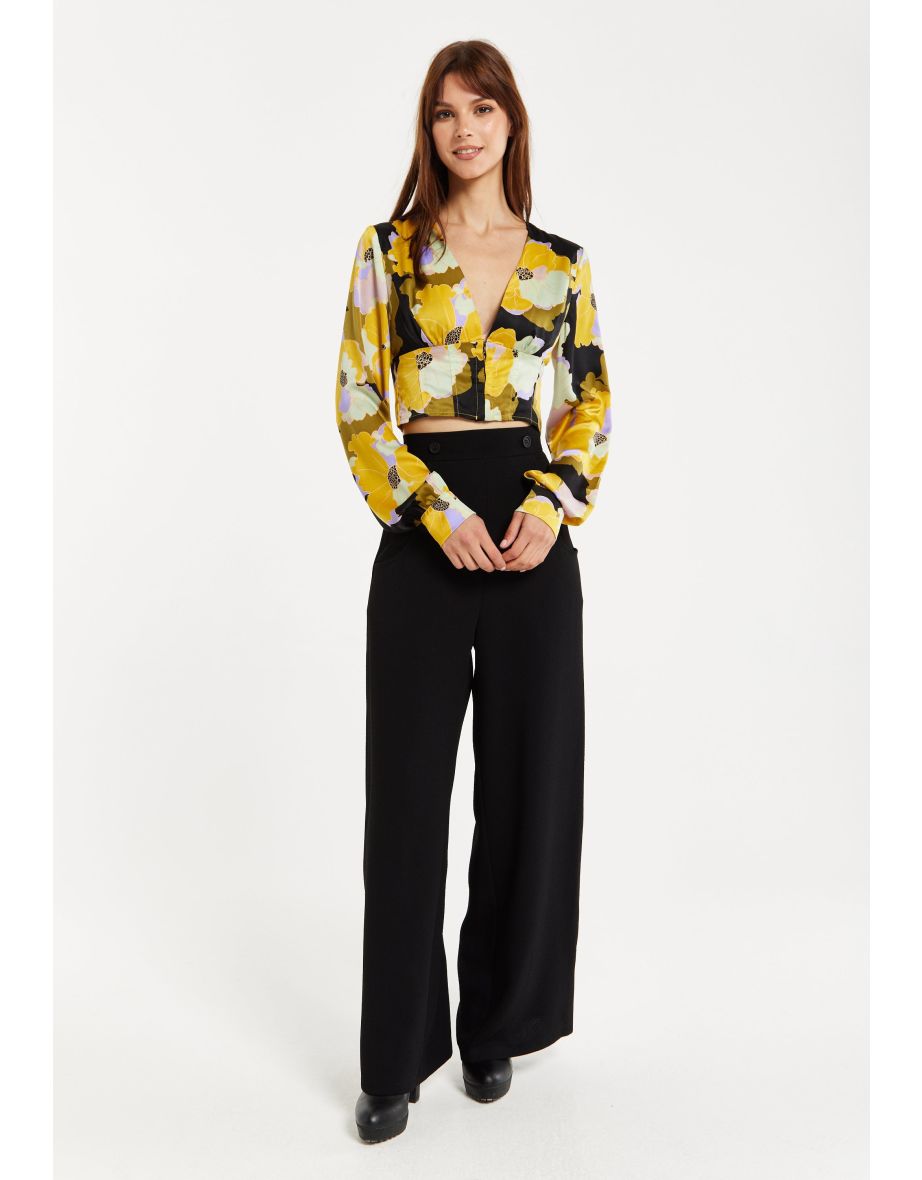 Women's Earth Tone Floral Print Structured Crop Top with Long Sleeves.
