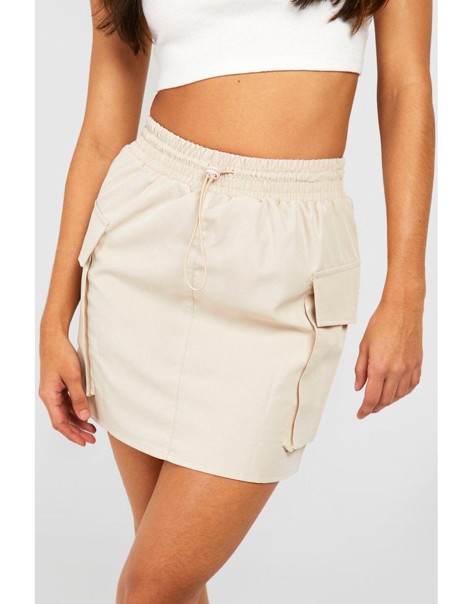 Tall Cargo Pocket Toggle Drawstring Parachute Skirt - stone - 3