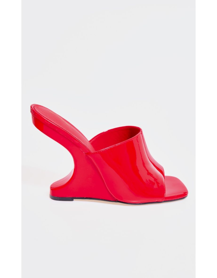 Red Patent Pu Cut Out Heeled Mule Wedges