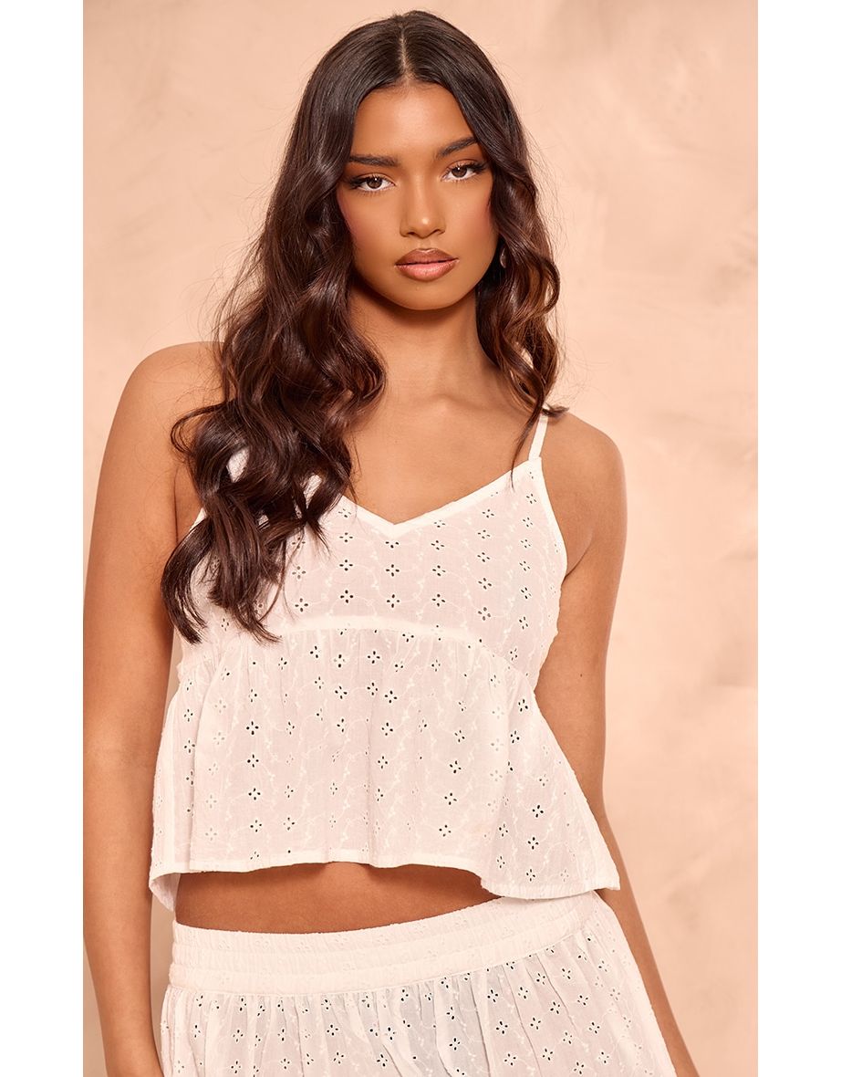 White Broderie Floaty Cropped Cami Top