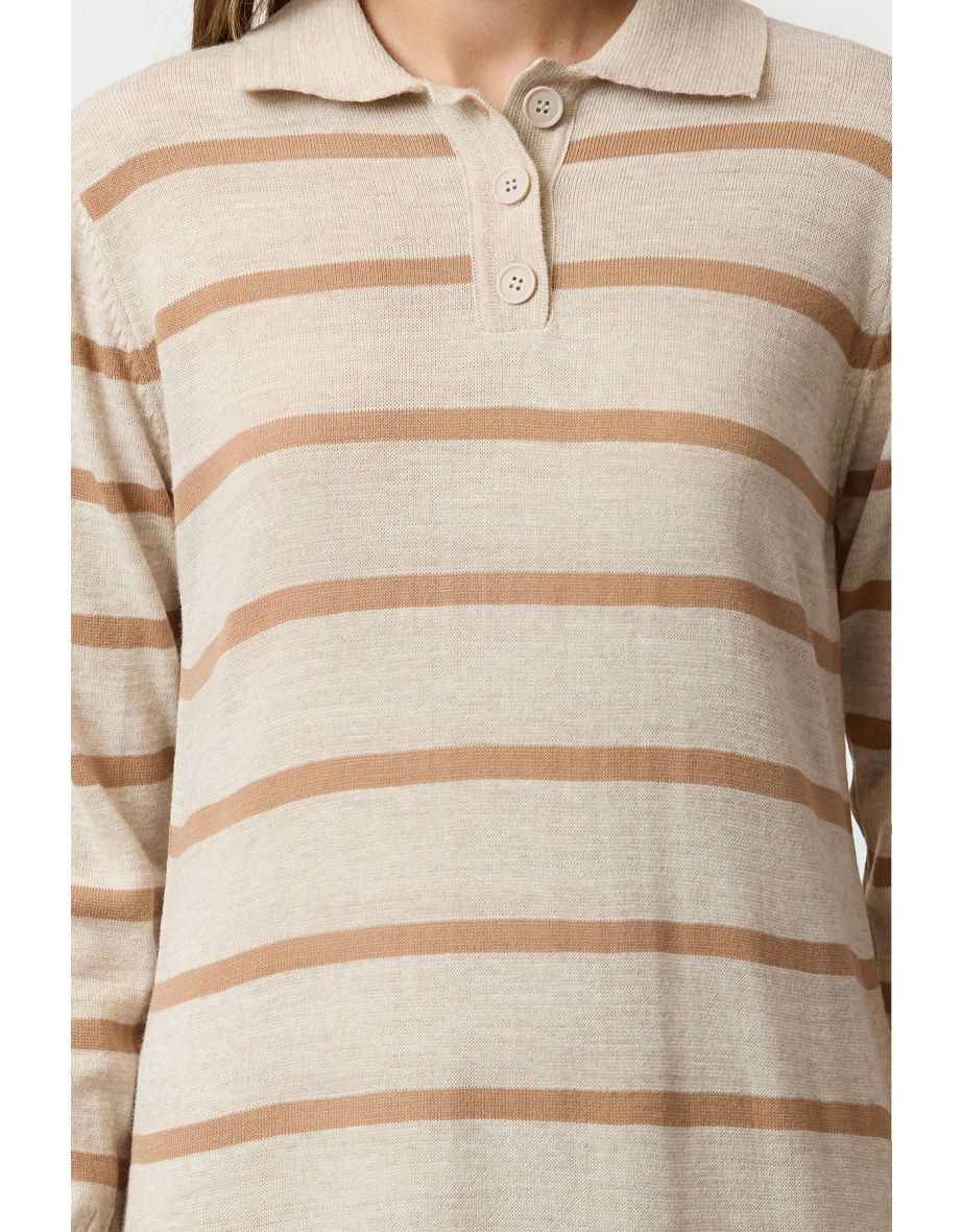 Stone Polo Collar Striped Knit Dress - 4