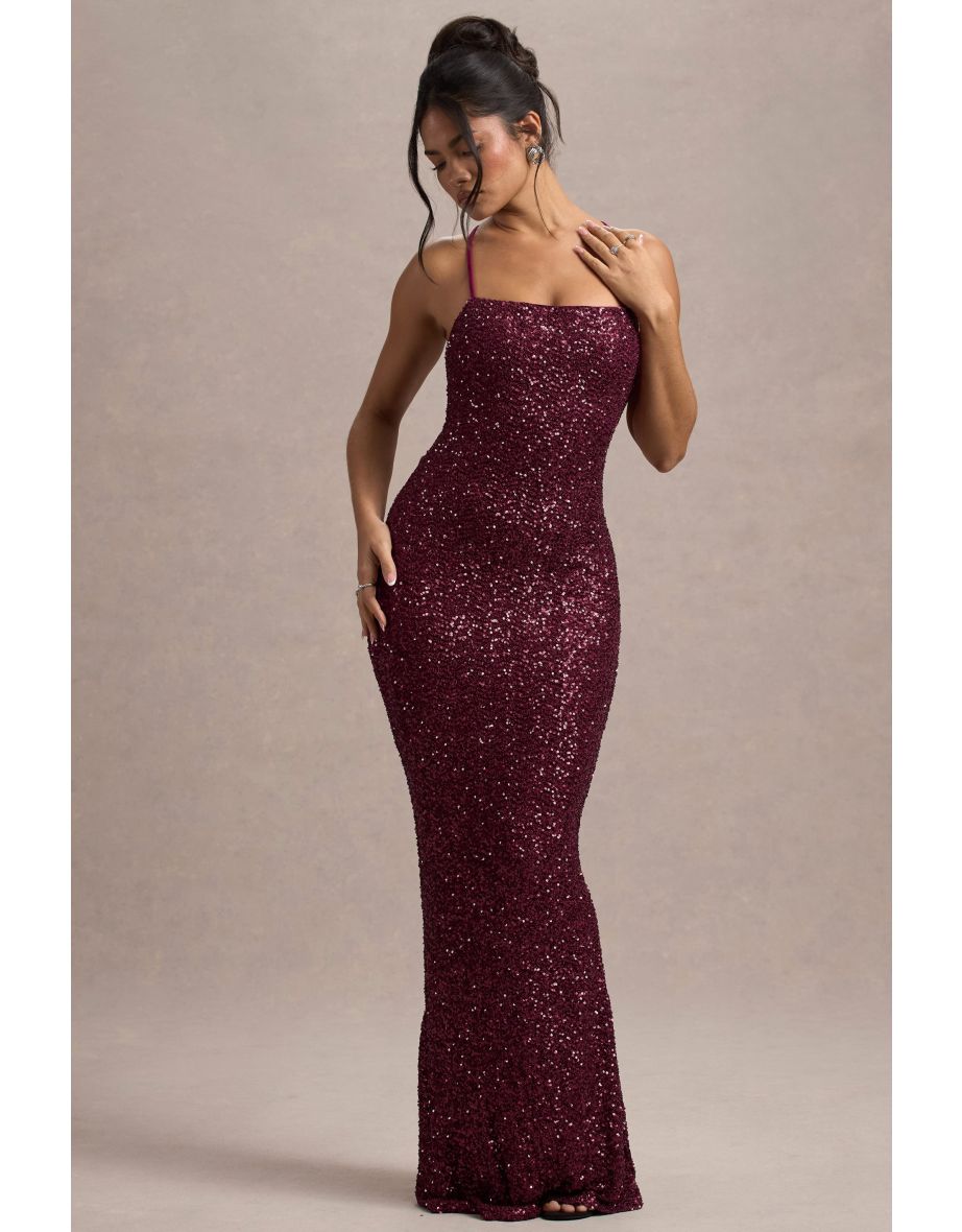 Cosmic | Berry Sequin Square-Neck Strappy Maxi Dress