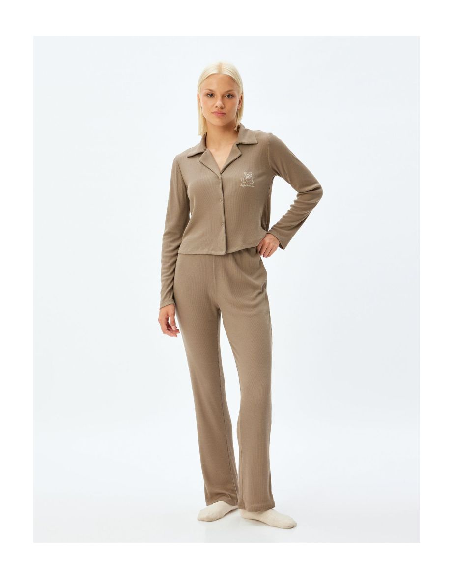 Shirt Collar Pajama Set Ribbed Long Sleeve Top and Straight Leg Bottom 2-Piece