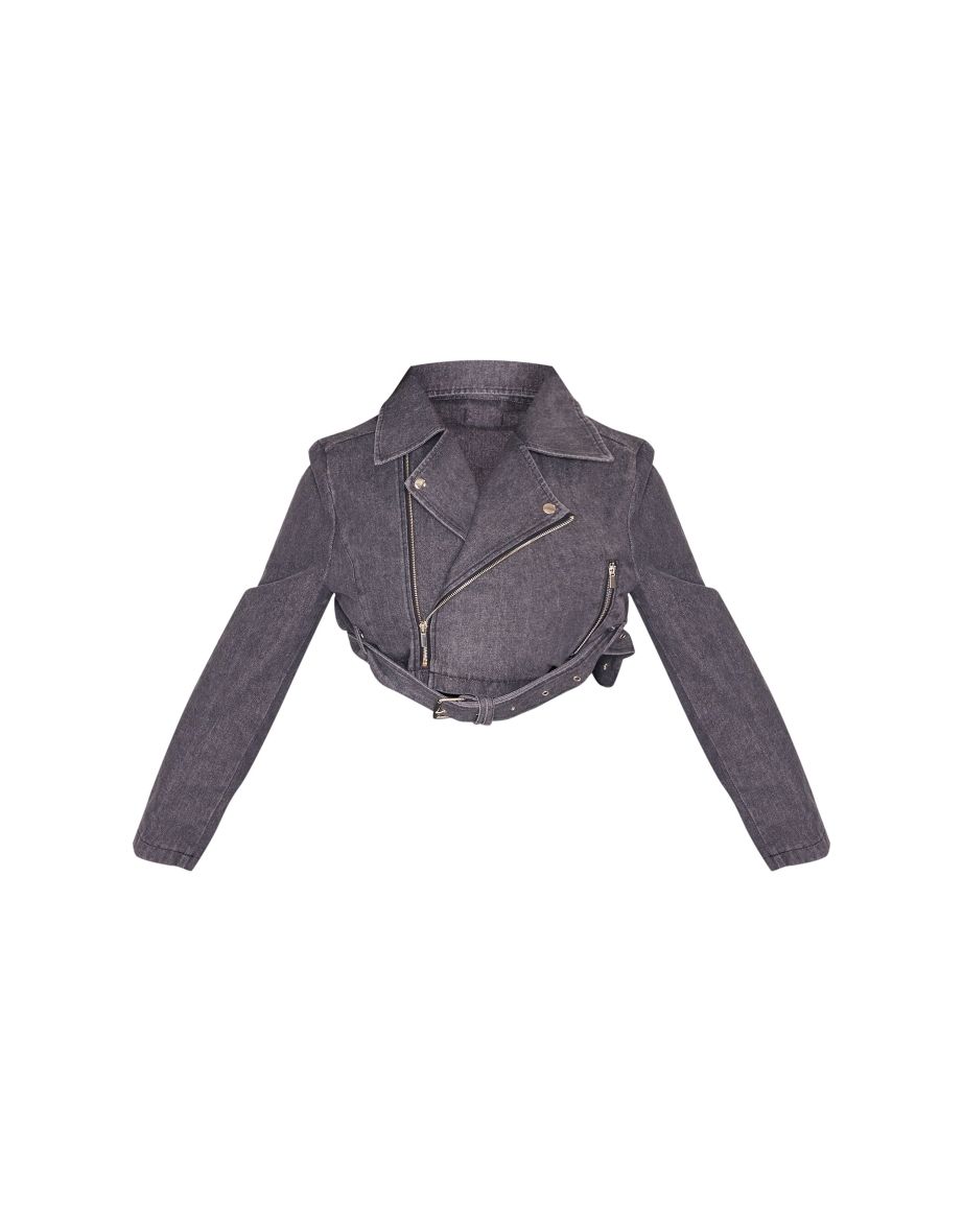 Plus Washed Black Cropped Denim Biker Jacket - 4