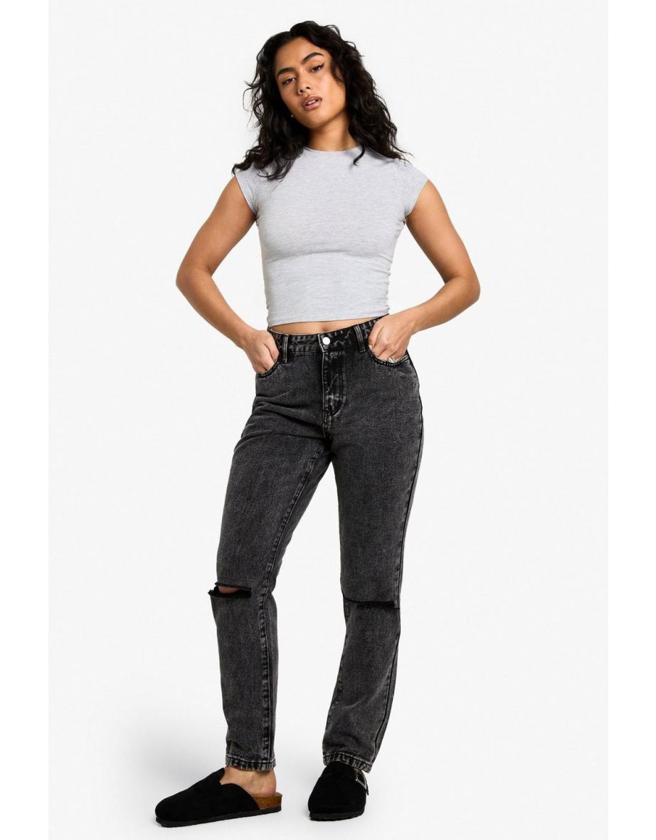 Basics High Waisted Ripped Mom Jeans - washed black