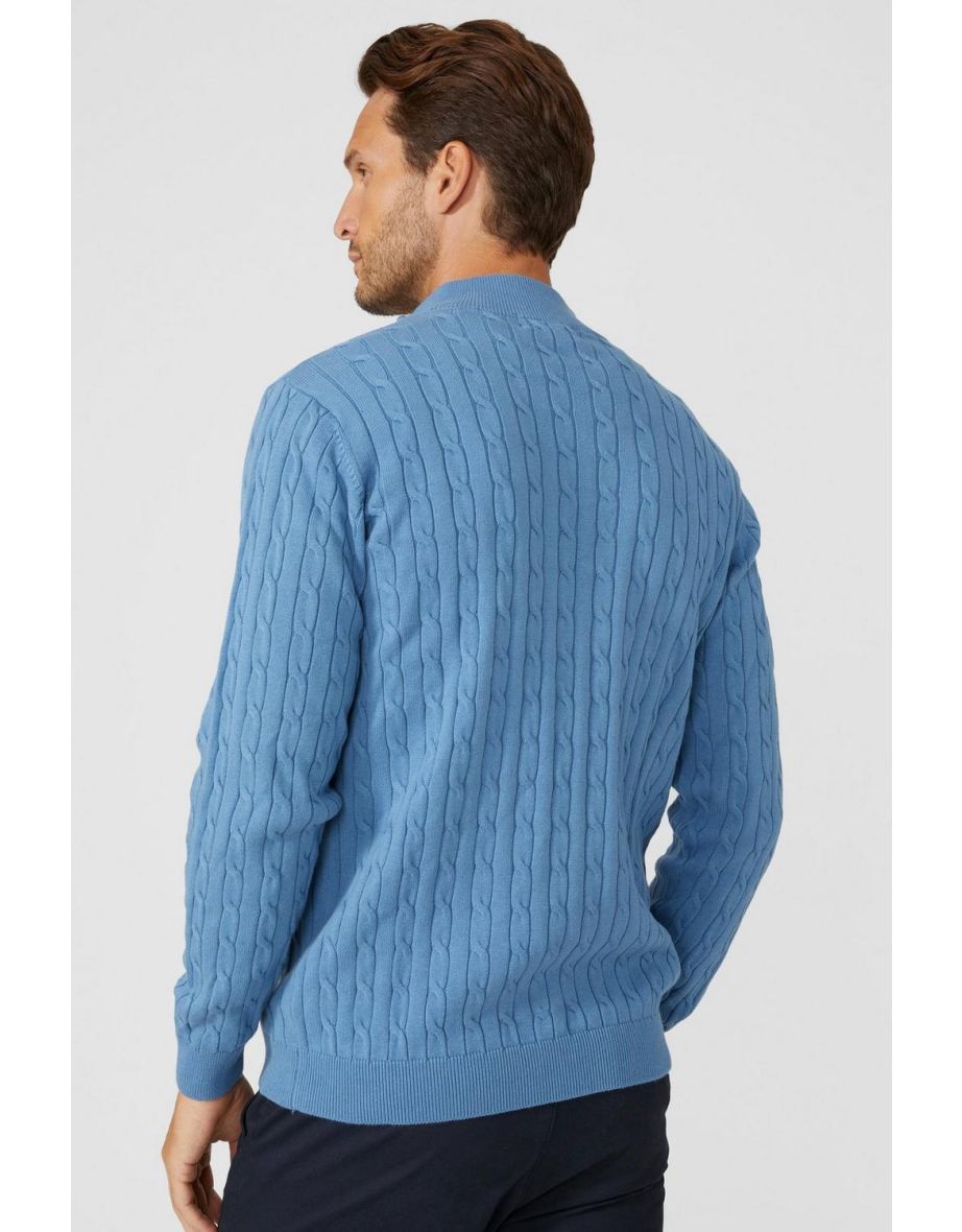 Premium Pure Cotton Cable Half Zip Jumper - mid blue - 3