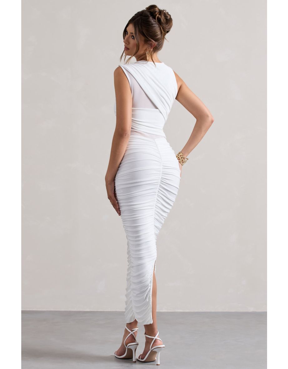Born With It | White Sleeveless High-Neck Draped Maxi Dress With Mesh Inserts - 4