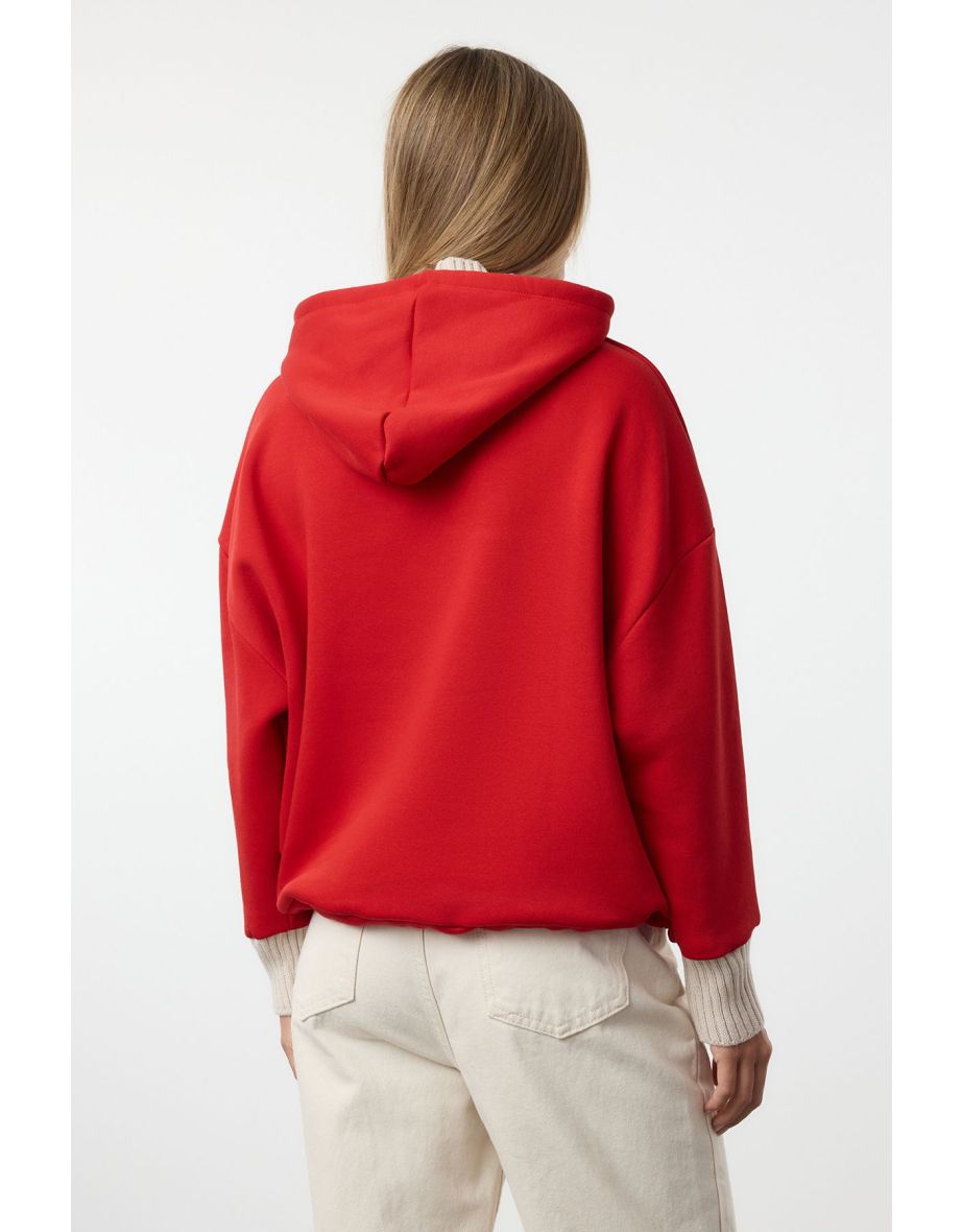 Red Thick Fleece Knitwear Hooded Knitted Sweatshirt with Tape Detail - 4