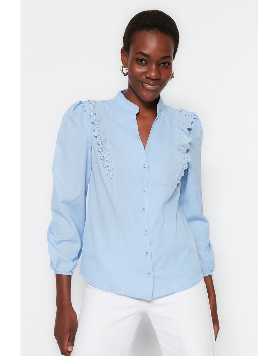 Light Blue Lace Cotton Woven Shirt