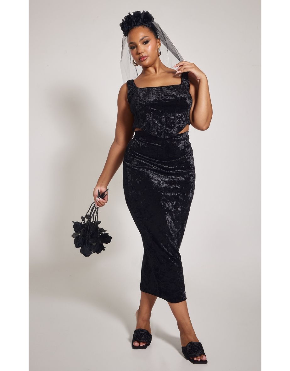 Plus Black Crushed Velvet Midi Skirt