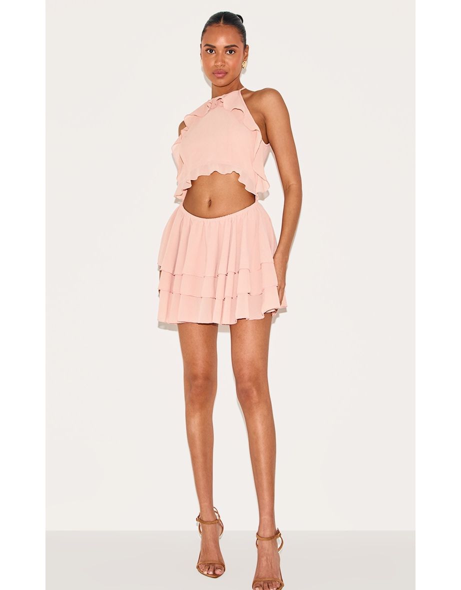 Blush Halterneck Frill Cut Out Shift Dress