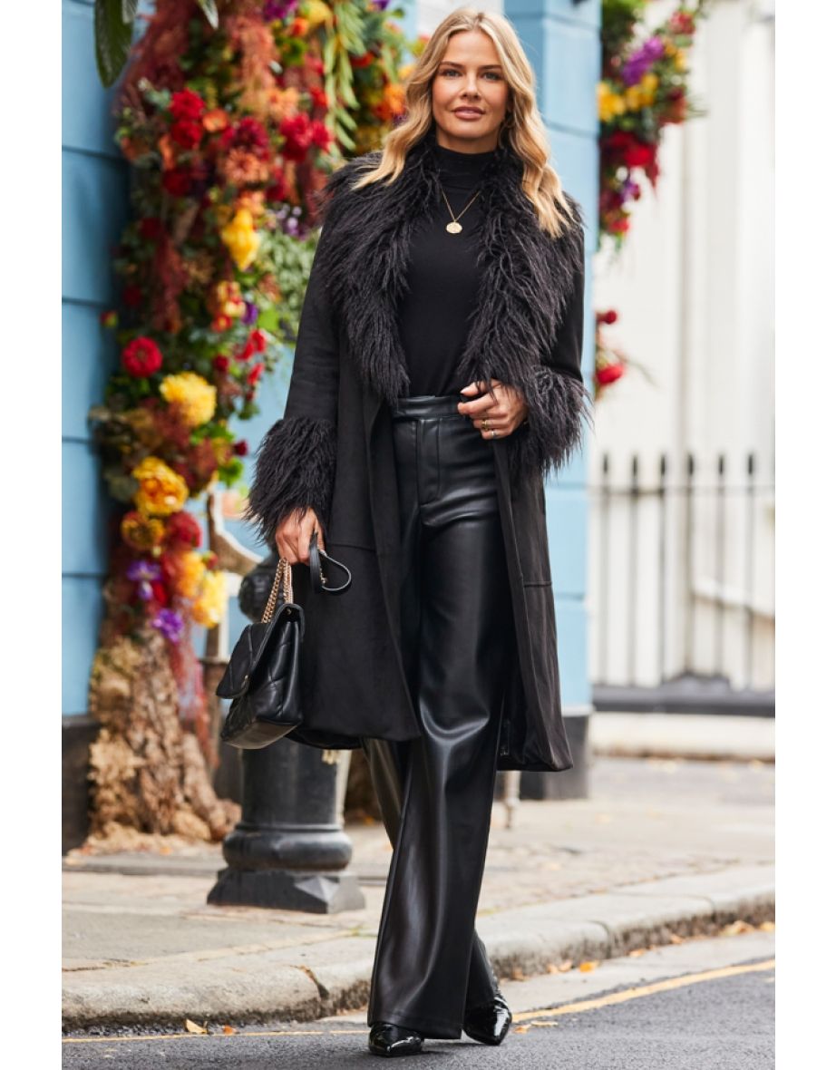 Black Luxe Faux Suede & Fur Afghan Coat