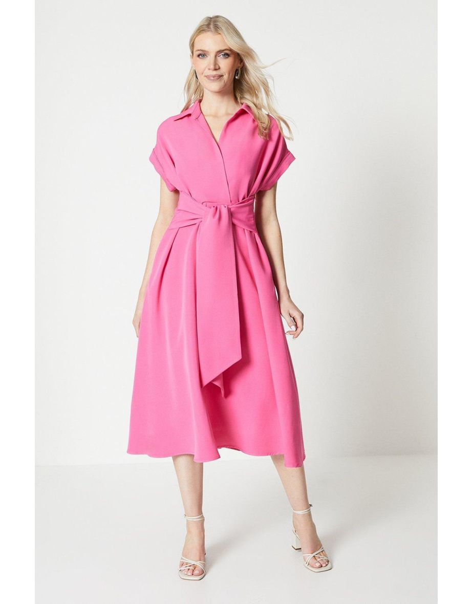 Front Tie Shirt Midaxi Dress - pink