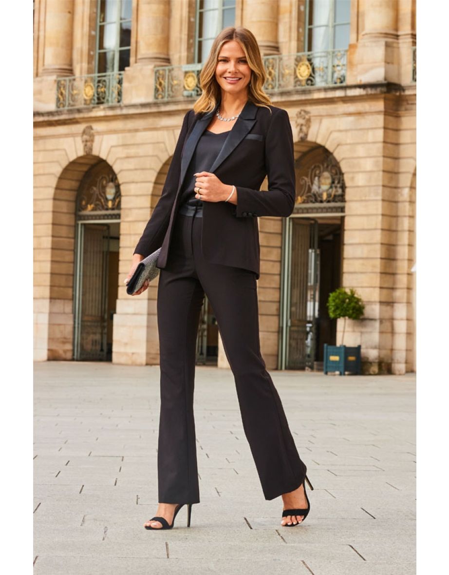 Black Satin Waistband Tuxedo Kick Flare Trousers