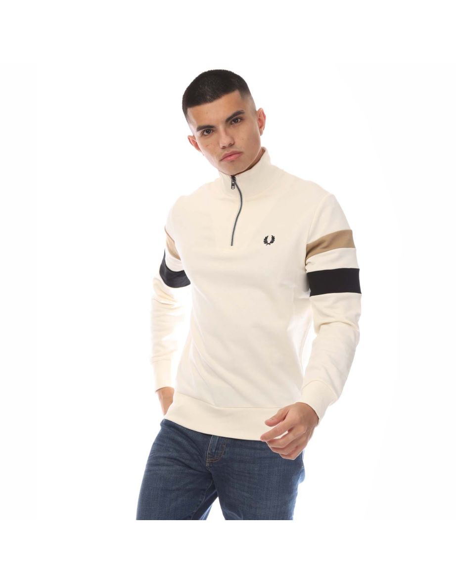 Men's Fred Perry Tipped Sleeve Half-Zip Sweatshirt in Cream