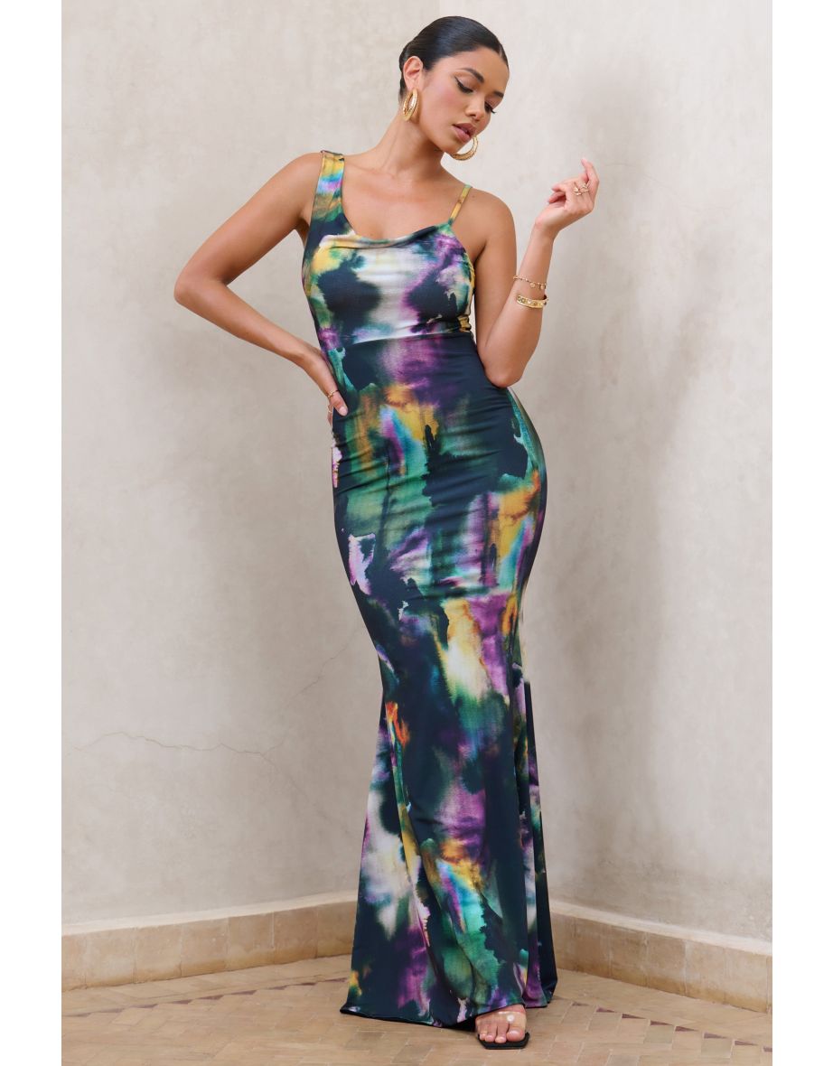 Phantasy | Watercolour Print Asymmetric Neckline Cowl Maxi Dress - 3