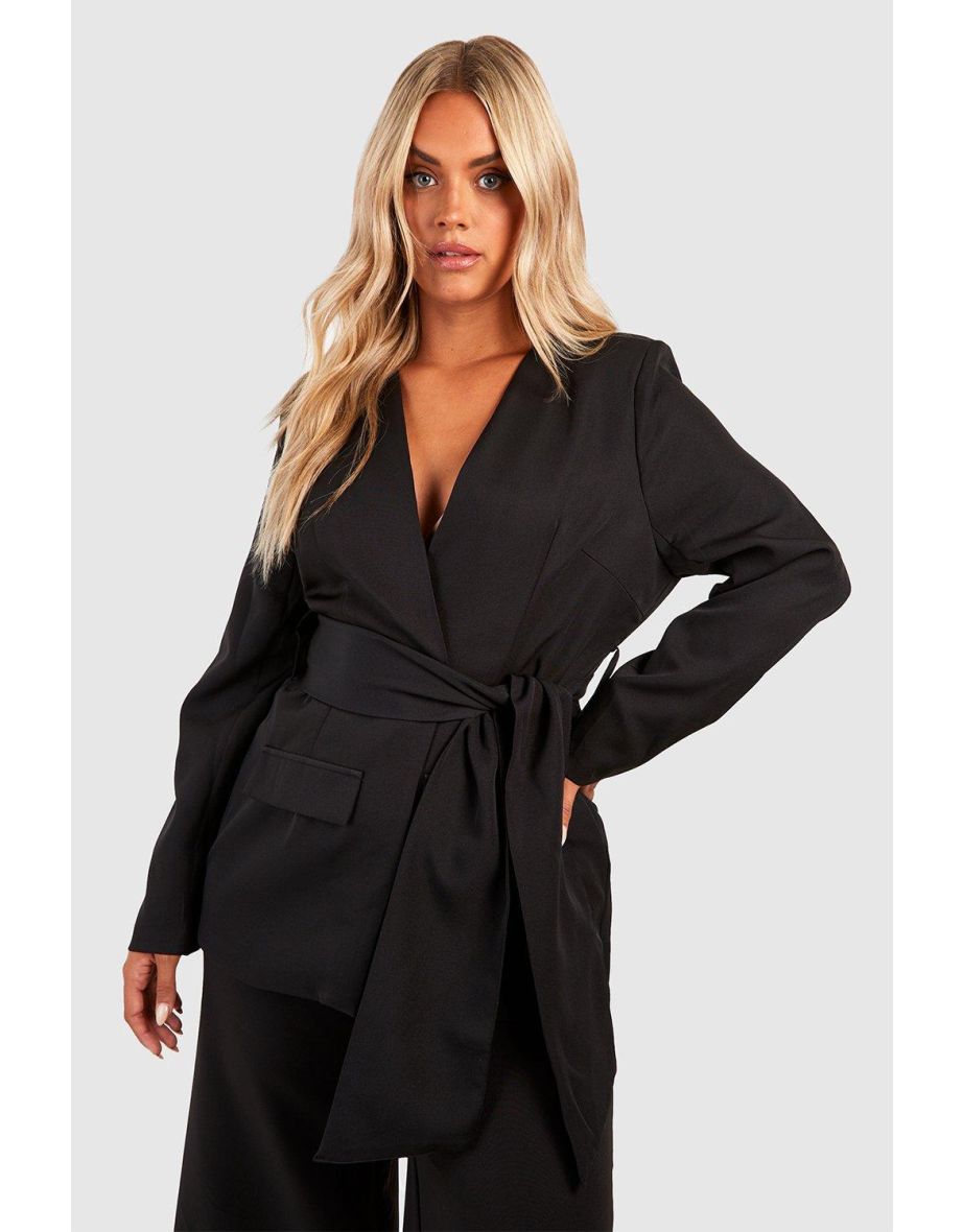 Plus Woven Tie Belt Pocket Blazer - black