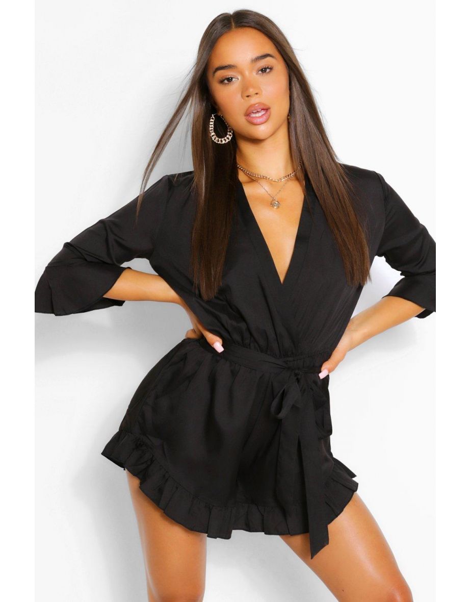 Wrap Belted Woven Ruffle Playsuit - black