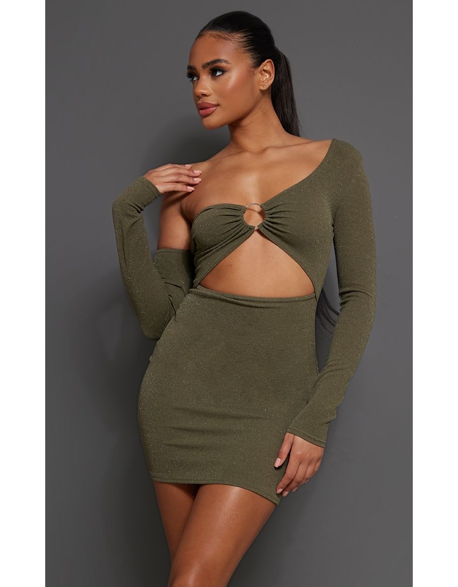 Green metallic asymmetrical on sale ring detail bodycon dress