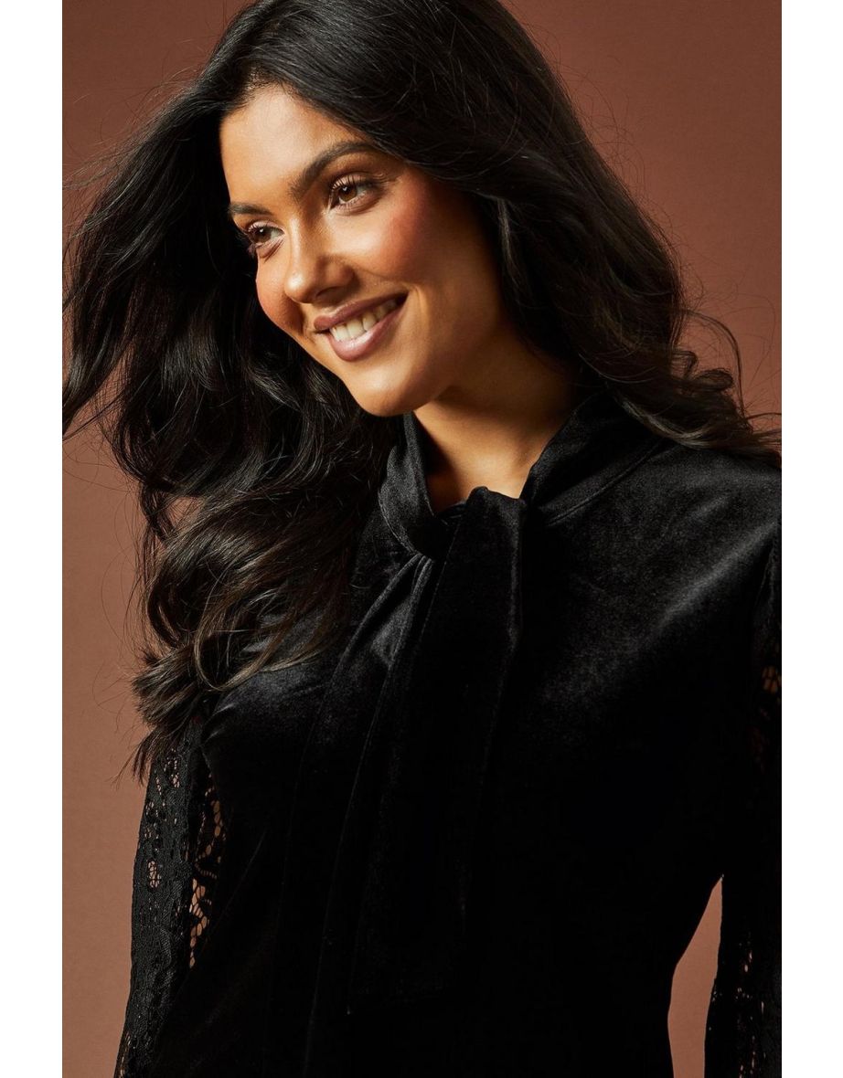 Velvet Lace Sleeve Tie Neck Blouse - 3