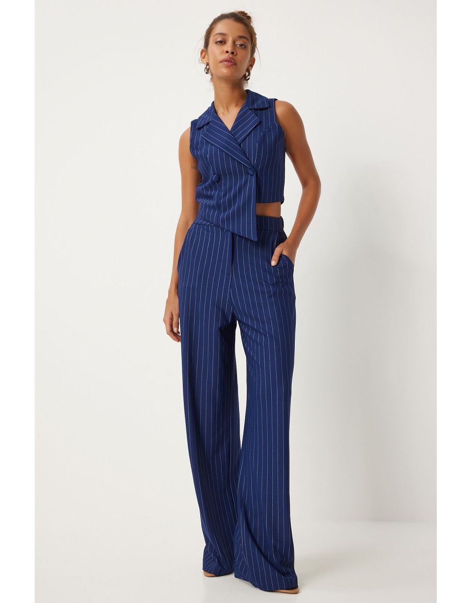 Women's Navy Blue Thin Striped Double Breasted Vest Trouser Suit