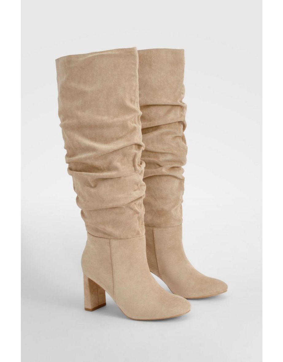 Wide Fit Faux Suede Ruched Detail Block Heel Boots - sand