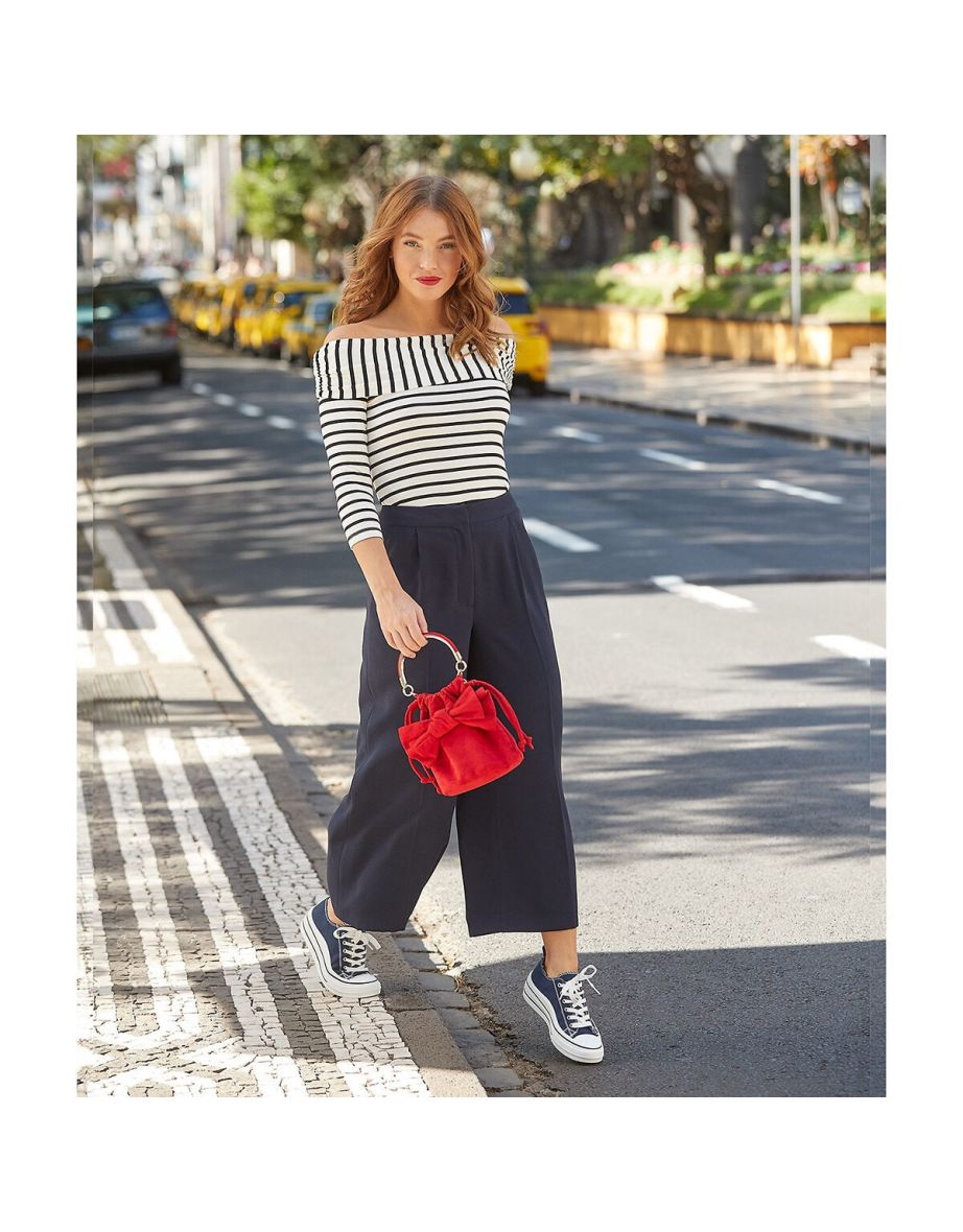 Striped Bardot Top with 3/4 Length Sleeves - 5