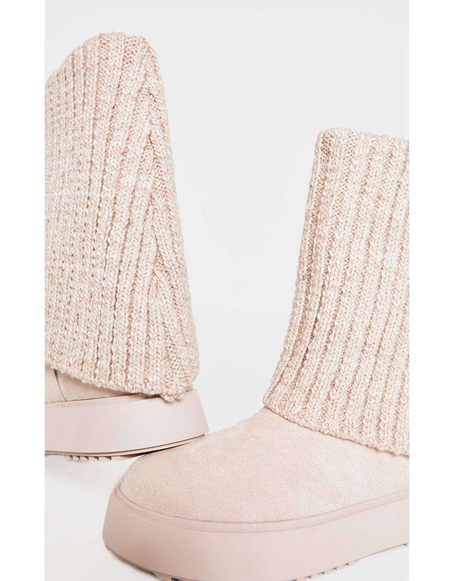 Beige Knit Fold Over Chunky Sole Boots - 3