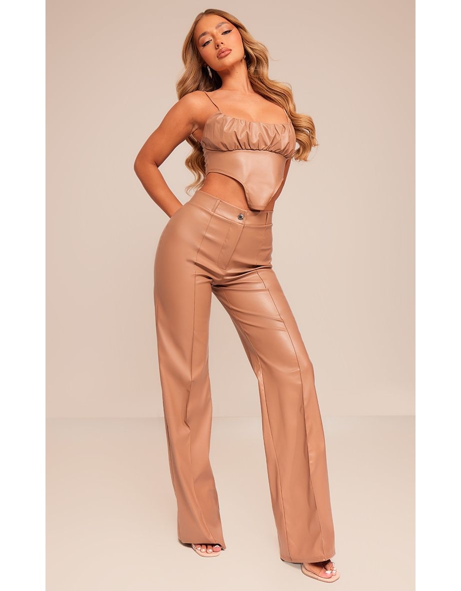 Stone Faux Leather Straight Leg Seam Detail Trousers