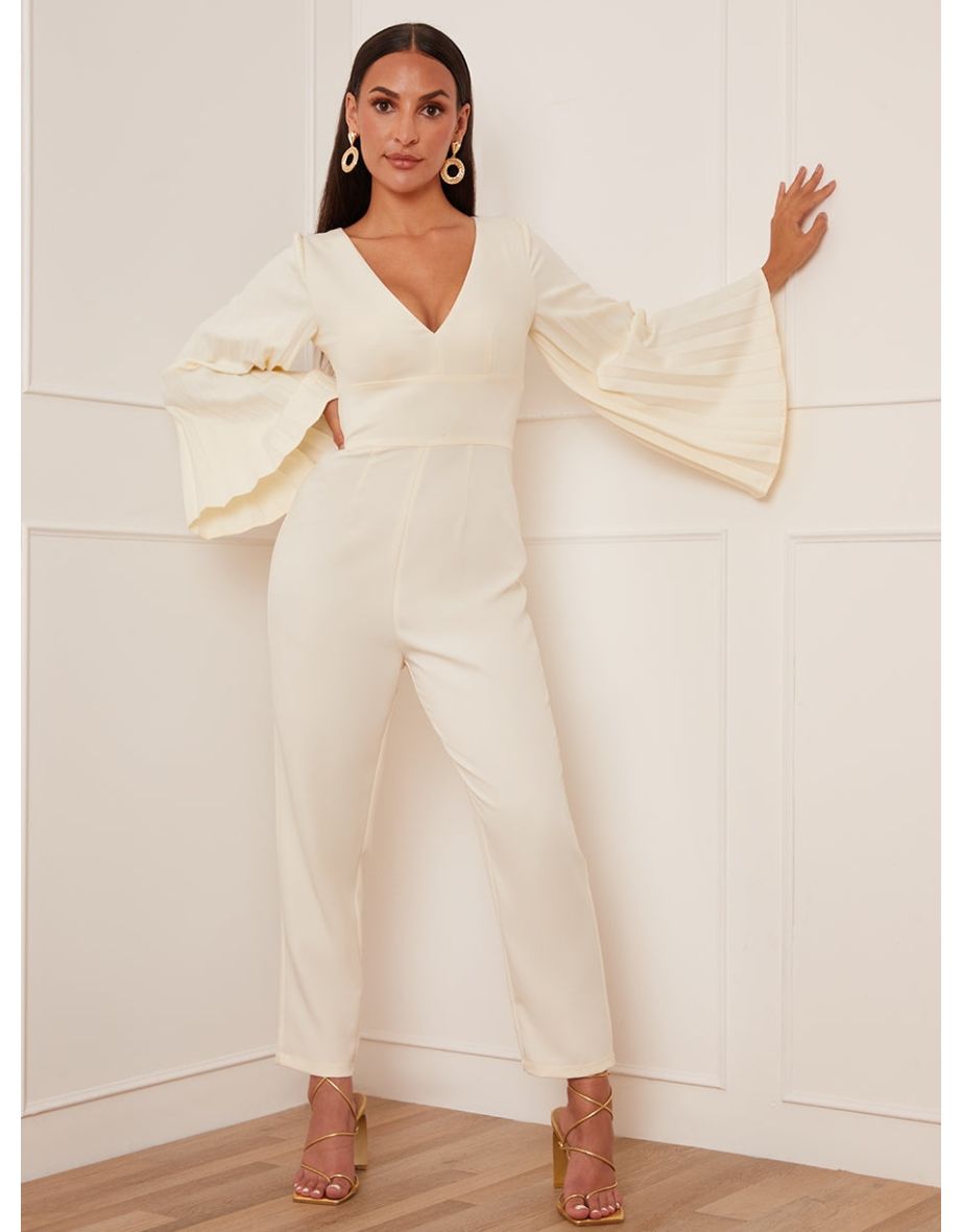 Petite Long Bell Sleeve Pleated Jumpsuit in Cream