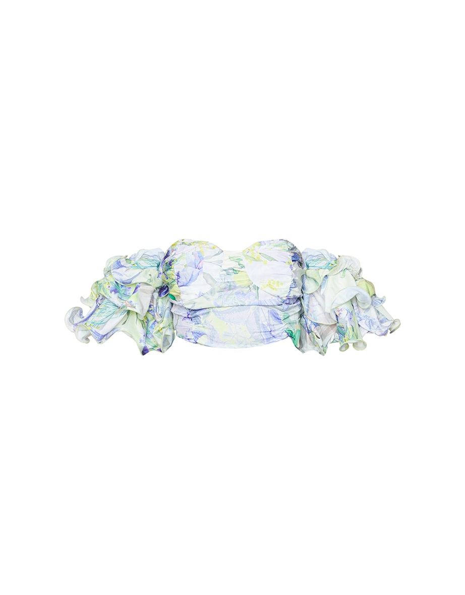 Plus White Floral Ruffle Puff Sleeve Bardot Crop Top - 4