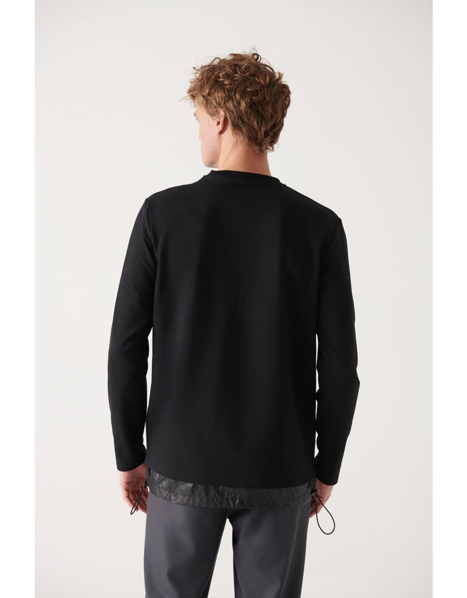 Men's Black Crew Neck Parachute Fabric Pocket Detailed Standard Fit Regular Cut Sweatshirt - 5