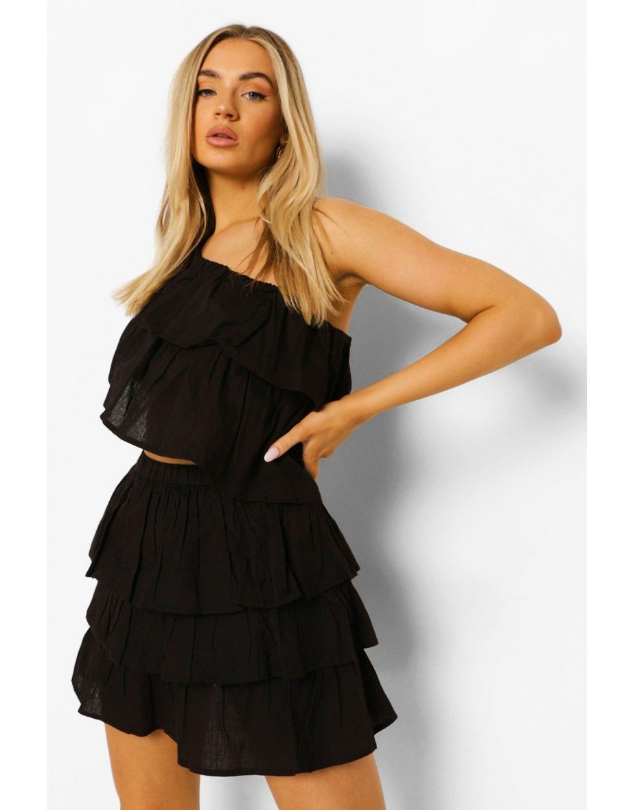 One Shoulder Ruffle Top & Mini - black