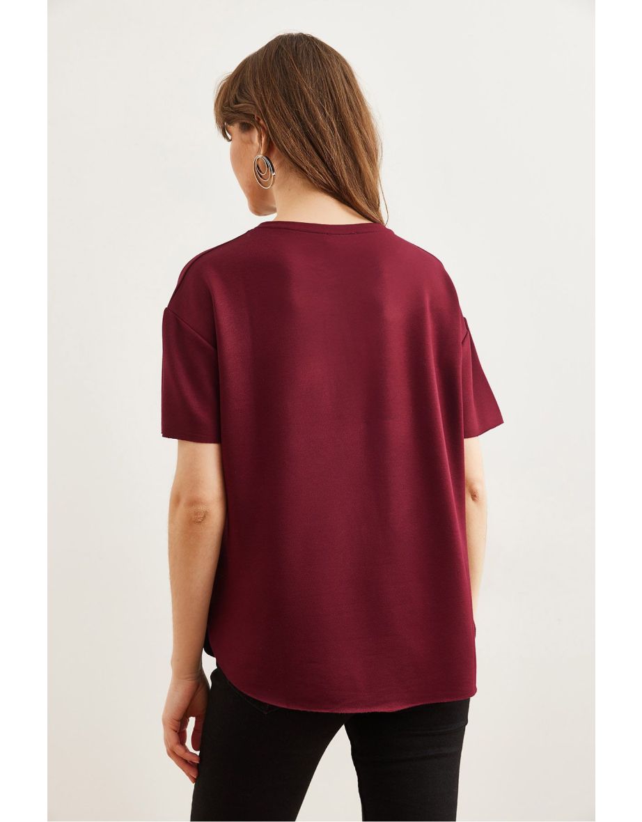 Women's Burgundy Modal Touch Soft Textured Oval Bottom T-Shirt - 7
