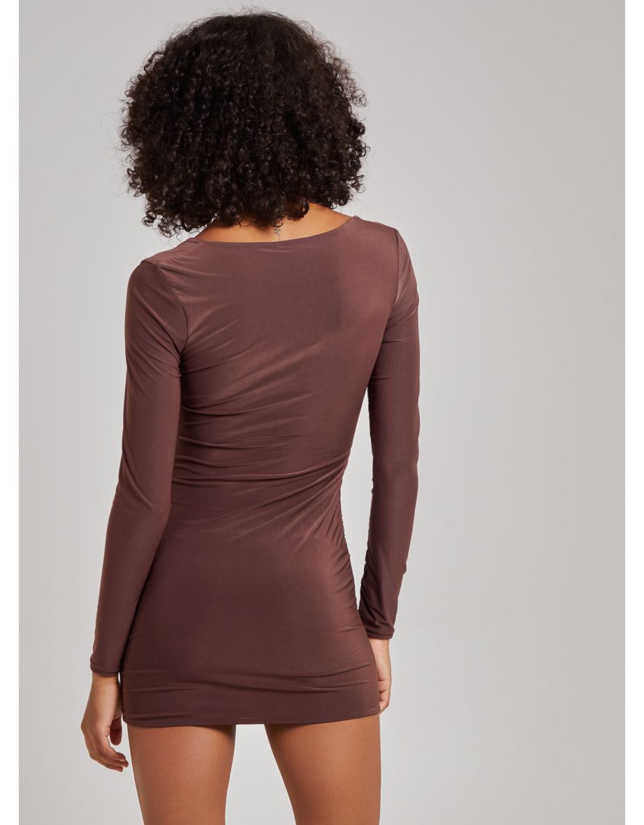 Square Neck Long Sleeve Gathered Mini Dress - 4