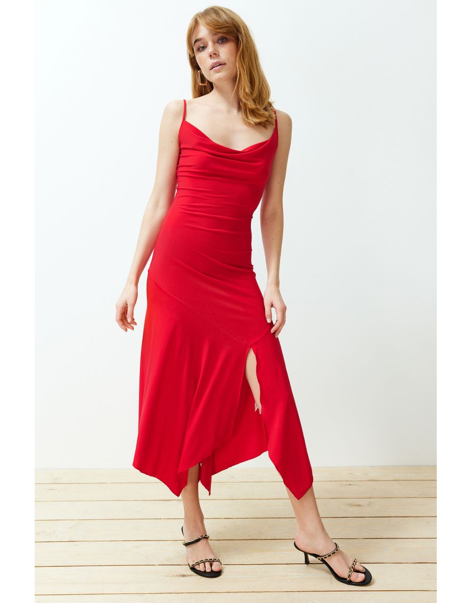 Red Turndown Collar Strappy Body-Shouldered Slit Flexible Knitted Dress