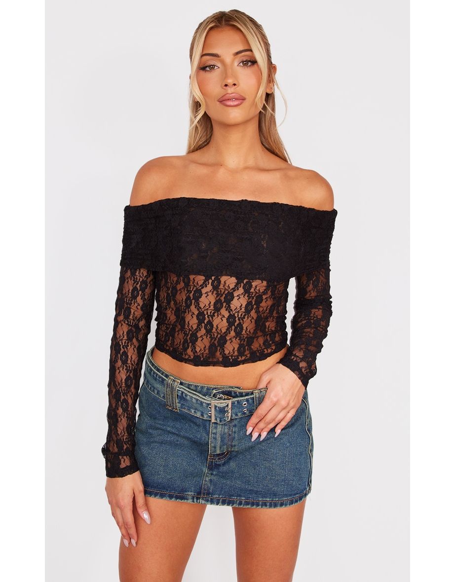 Black bardot crop top long sleeve on sale