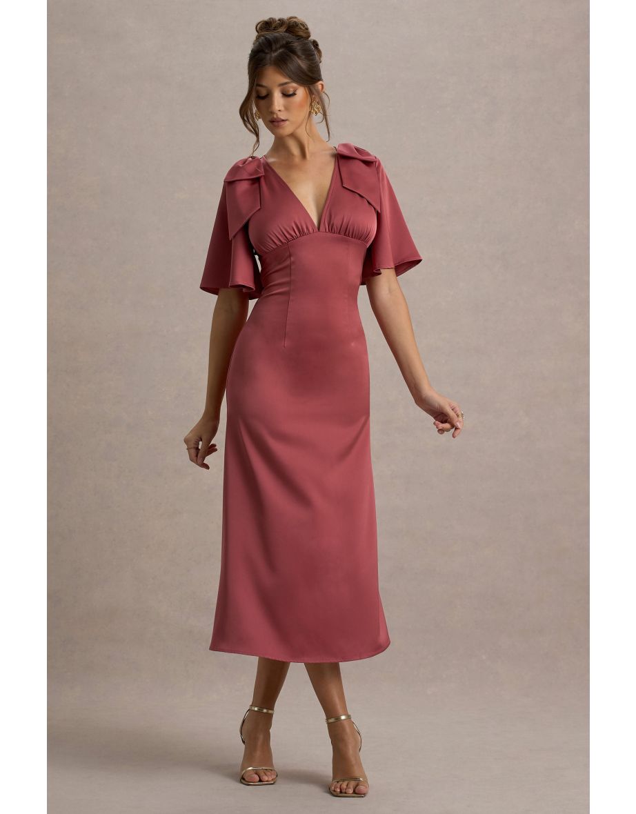 Danna | Rose Pink Satin V-Neck Short-Sleeve Midi Dress